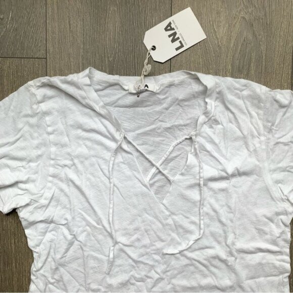 Revolve LNA Raw Tie Tee T-Shirt Short Sleeve Front tie V-neck Relaxed fit White - Picture 5 of 12
